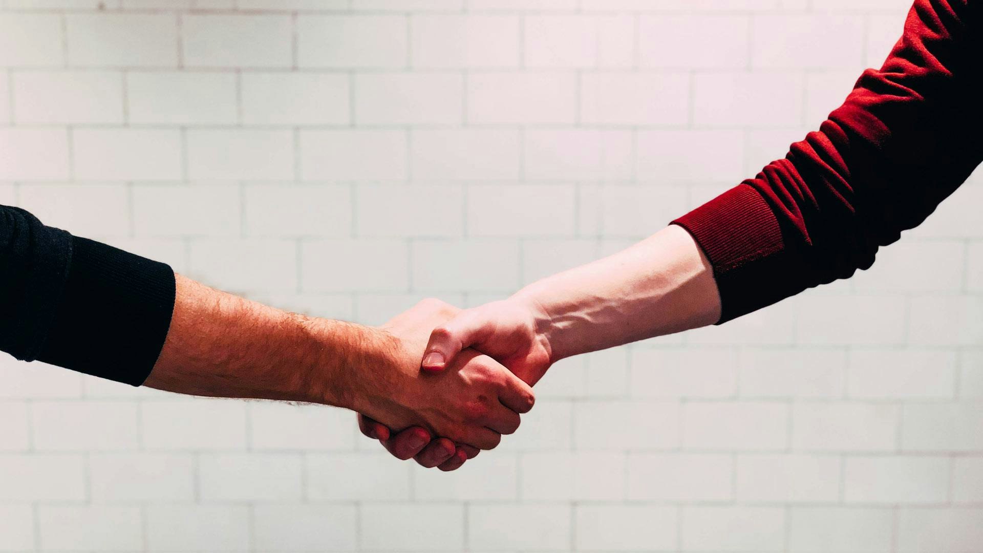 Budget Approval Handshake in Front of White Brick Background